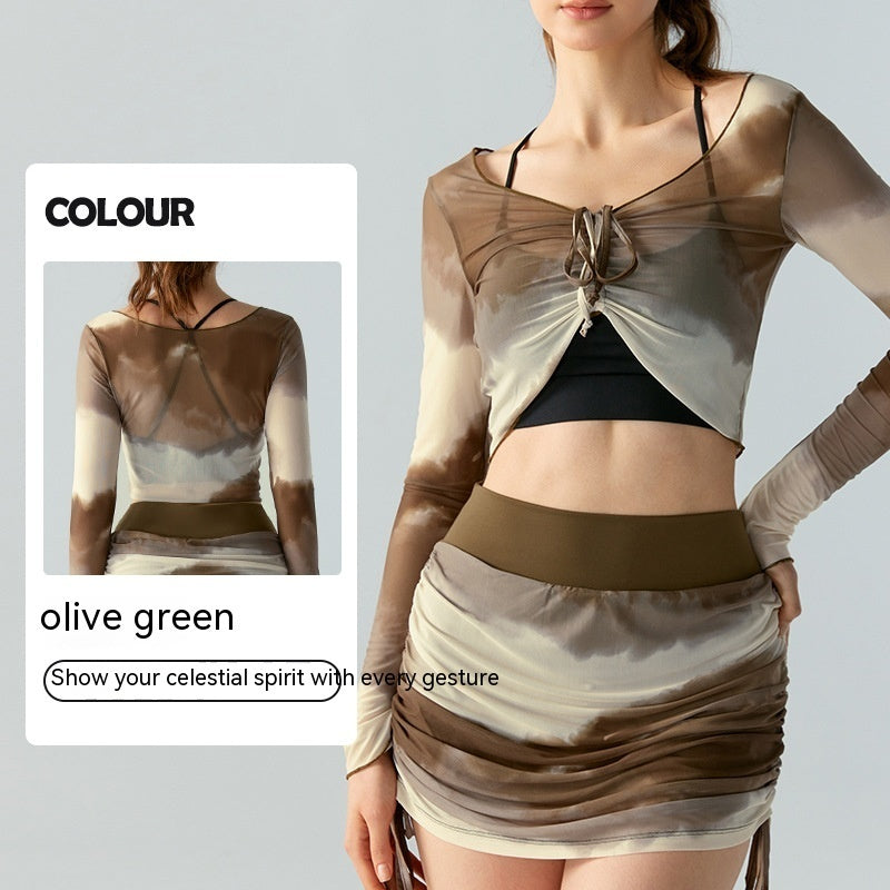 Top Printed Mesh Long Sleeve Sports Blouse For Women