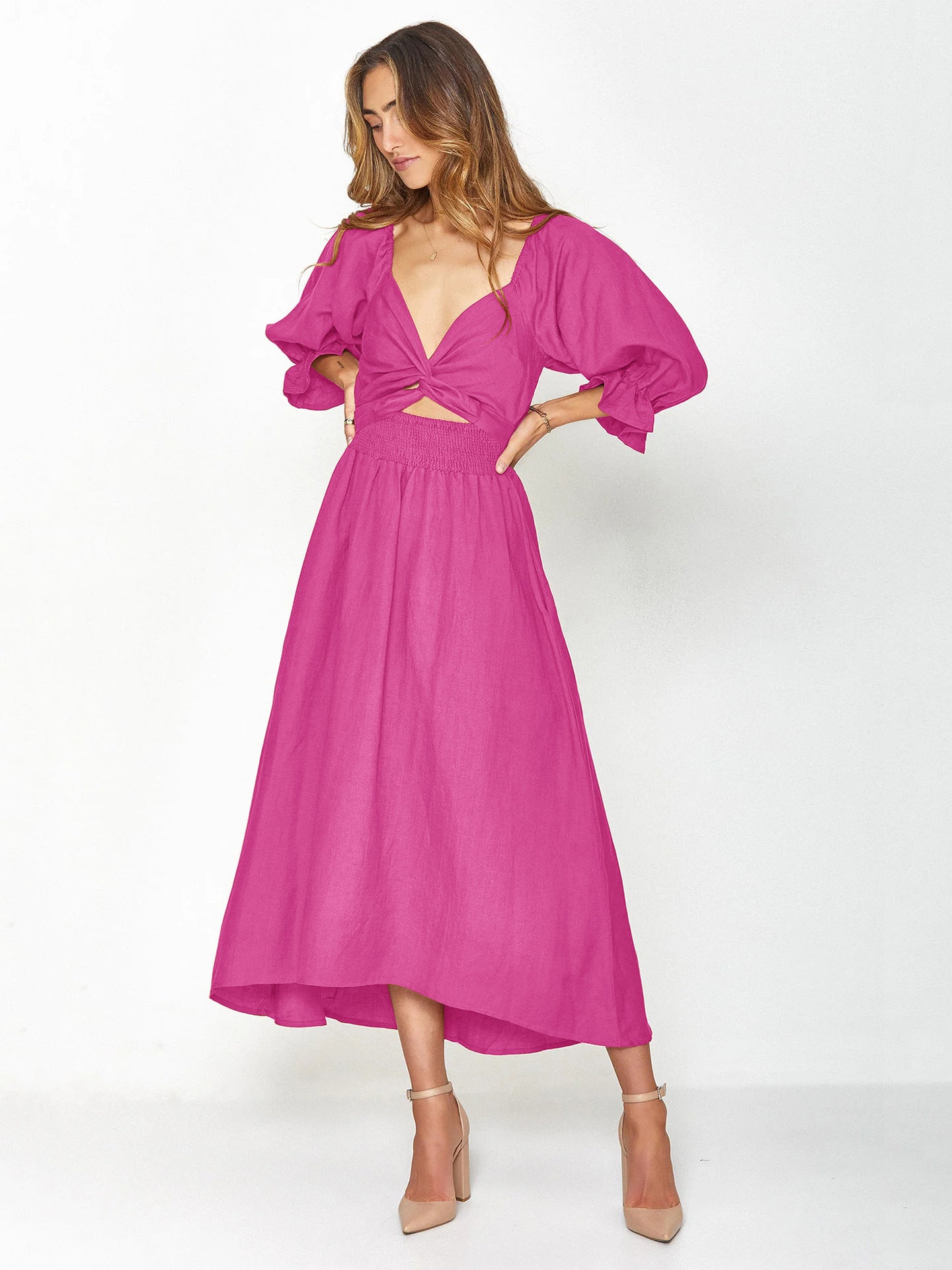 Women's Rope Belt Ruffled Lantern Sleeves Dress