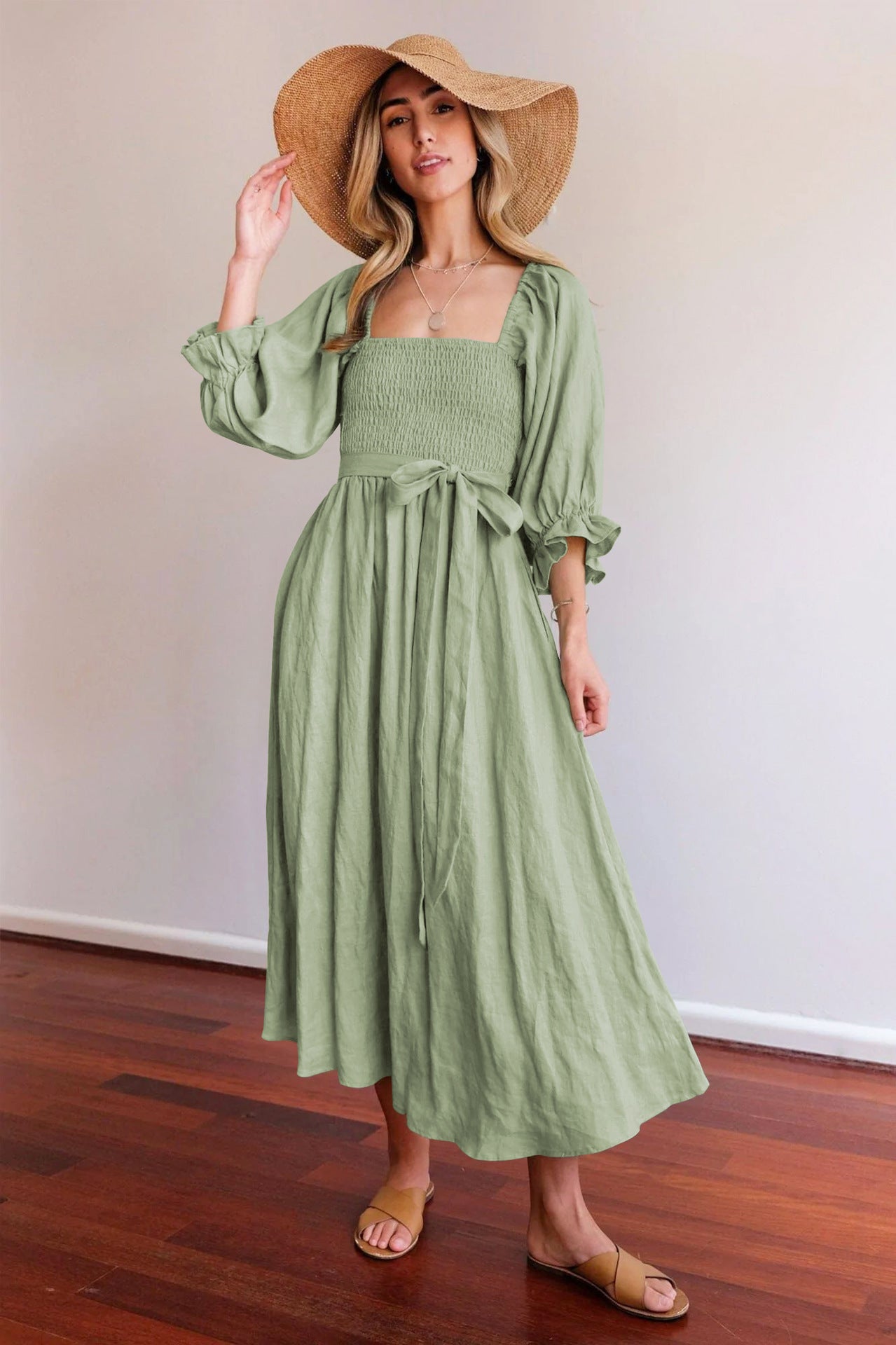 Women's Rope Belt Ruffled Lantern Sleeves Dress