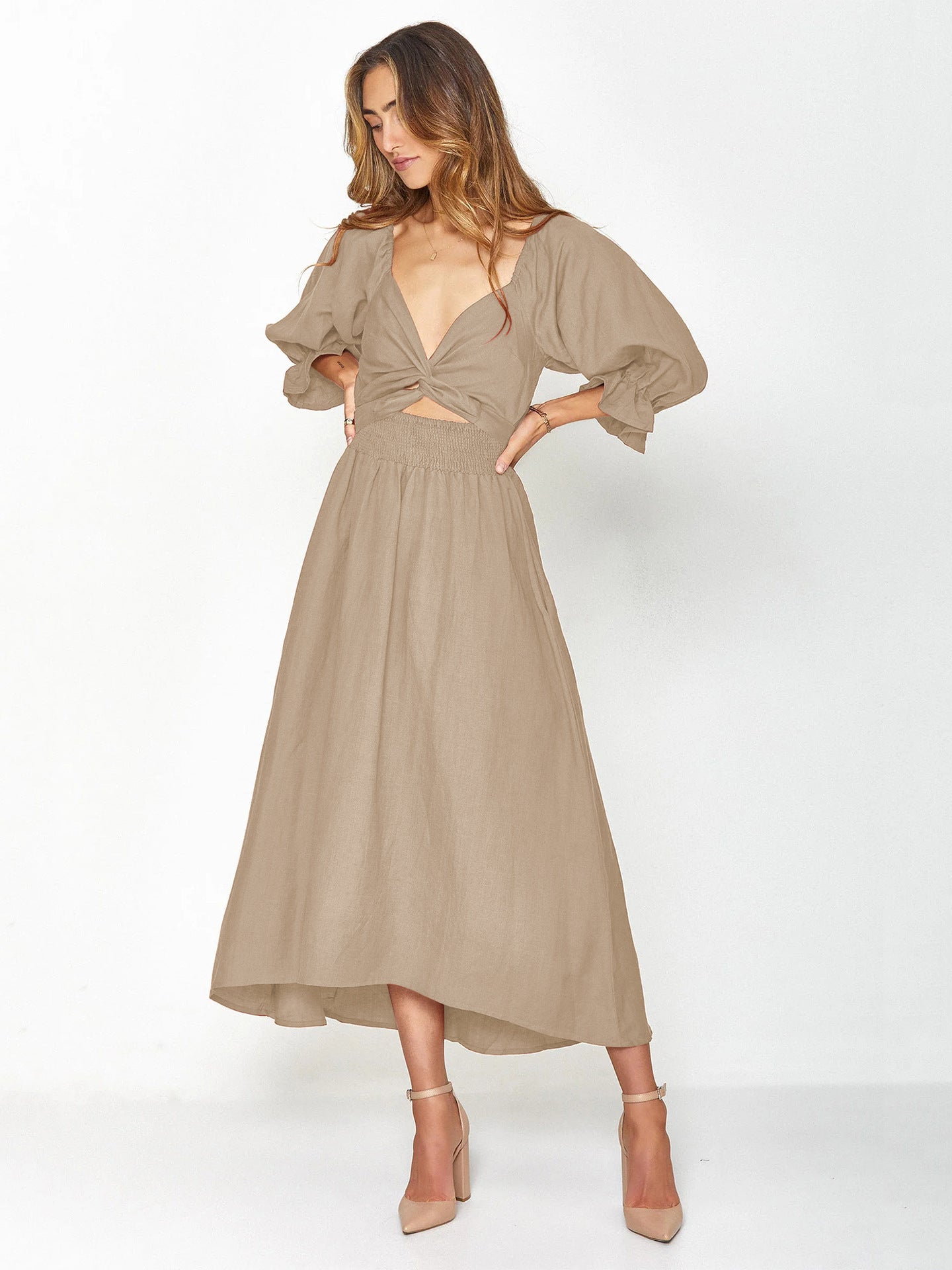 Women's Rope Belt Ruffled Lantern Sleeves Dress