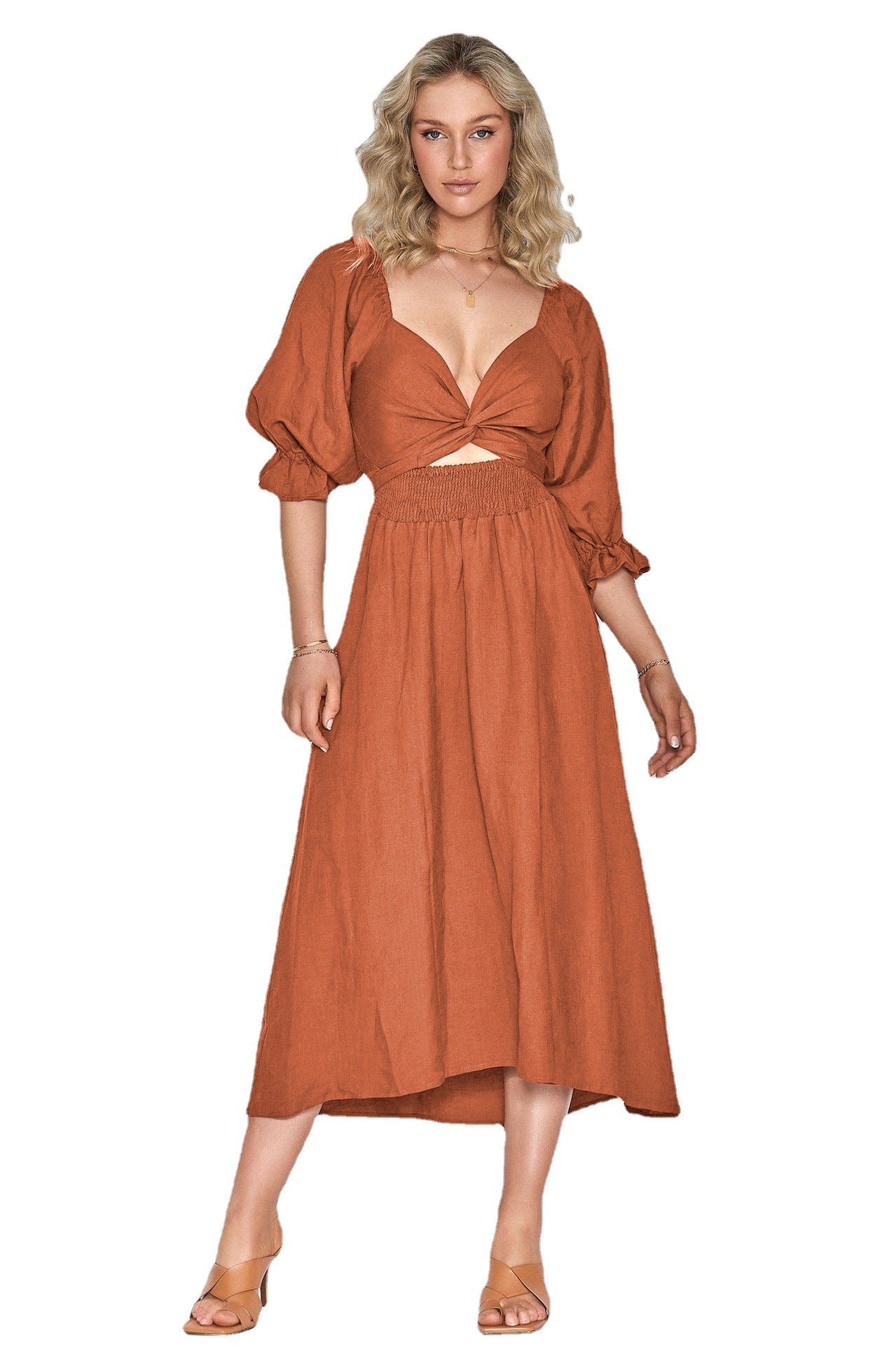 Women's Rope Belt Ruffled Lantern Sleeves Dress