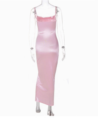 Solid Color Style Satin Sling Mid Split Dress Women