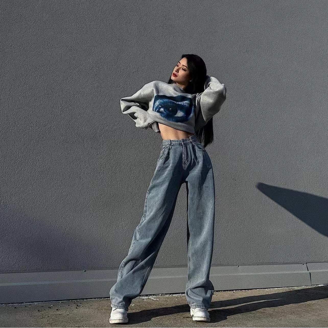 Trendy Mopping Pants High Waist Wide Leg Pants Straight Jeans
