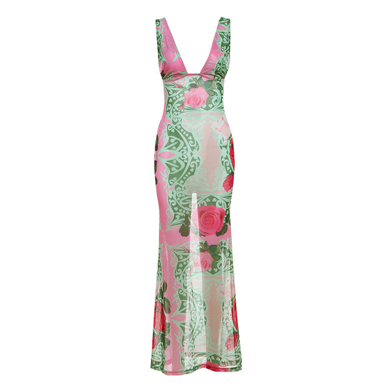 Women's Fashion Printed V-neck Slim Fit Dress