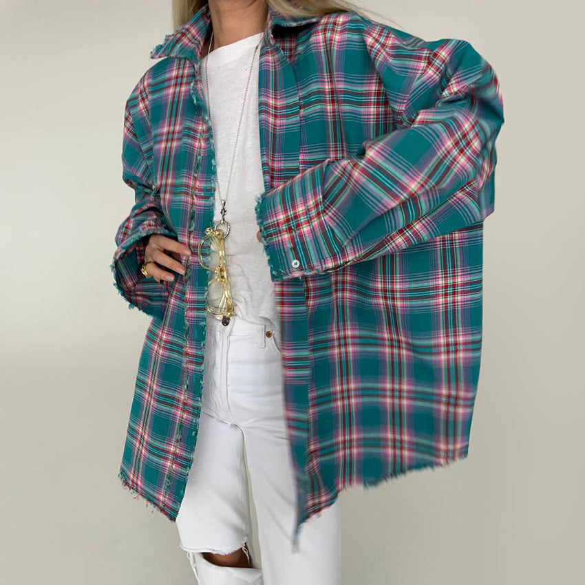 Retro Fashion Color Contrast Plaid Shirt