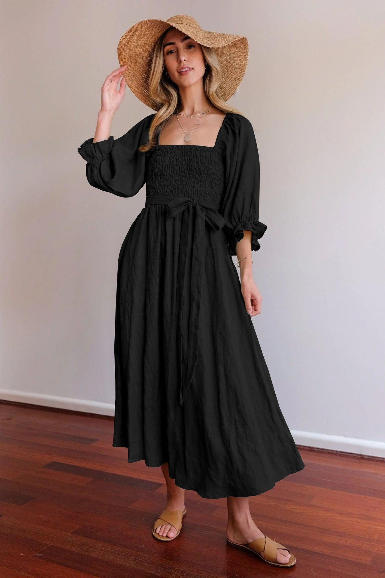 Women's Rope Belt Ruffled Lantern Sleeves Dress