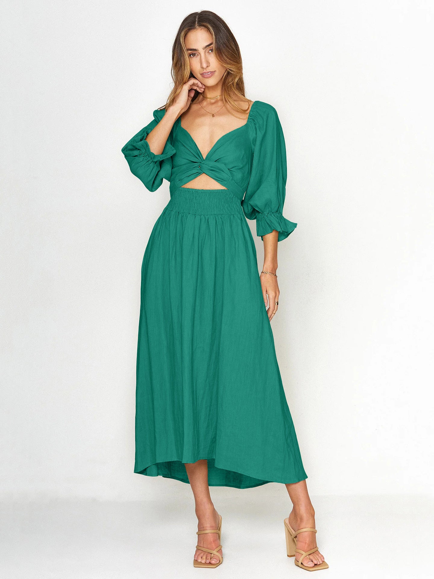 Women's Rope Belt Ruffled Lantern Sleeves Dress