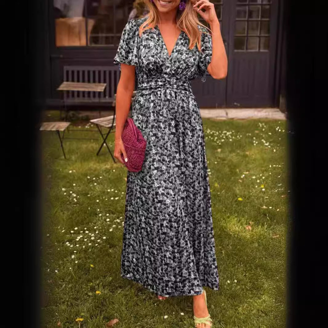 Printed Waist-controlled V-neck Dress