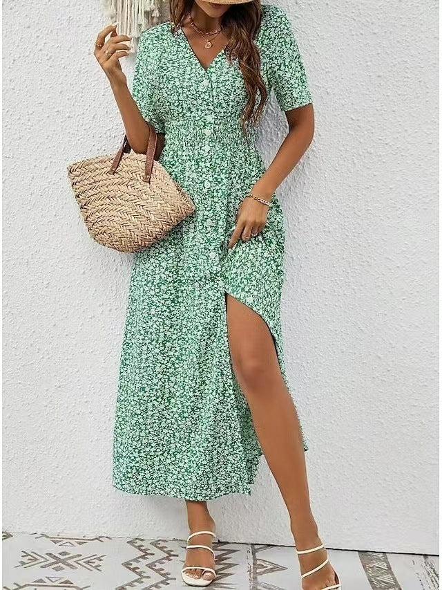 Summer New V-neck Printed Short Sleeve Split Dress Women