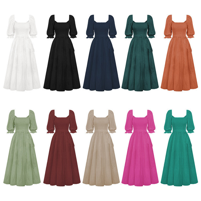Women's Rope Belt Ruffled Lantern Sleeves Dress