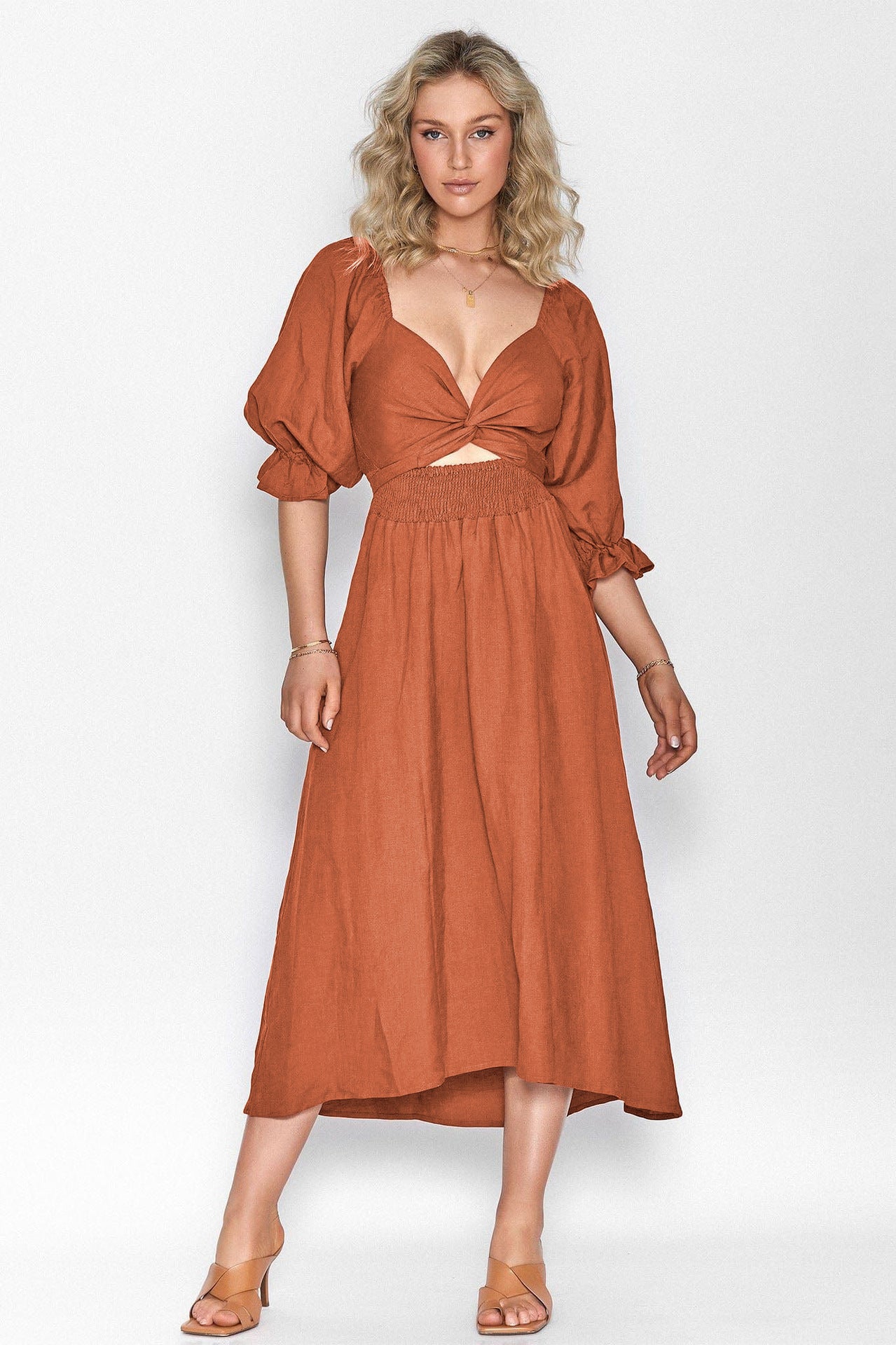 Women's Rope Belt Ruffled Lantern Sleeves Dress