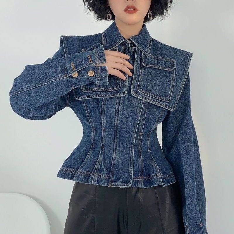 Cape Pocket Decoration Pleated Zipper Denim Coat