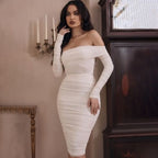 Solid Color Slim-fit Party Long Sleeve Off-shoulder Pleated Early Spring Dress