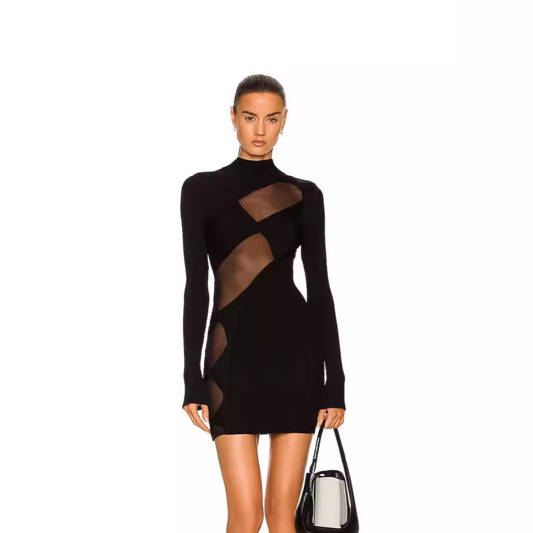 Black Cut-out Slim Fit Patchwork Temperament Dress