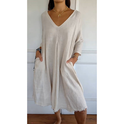 Spring And Summer Loose-fitting Plus Size V-neck Mid-length Dress