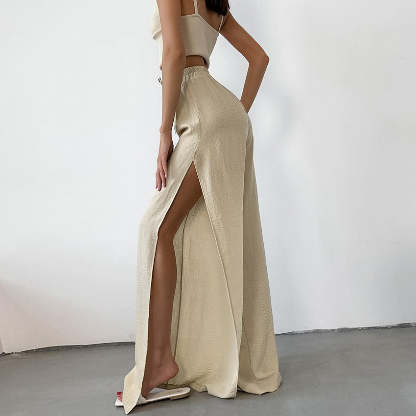 Khaki Bubble Crepe Split Wide-leg Pants