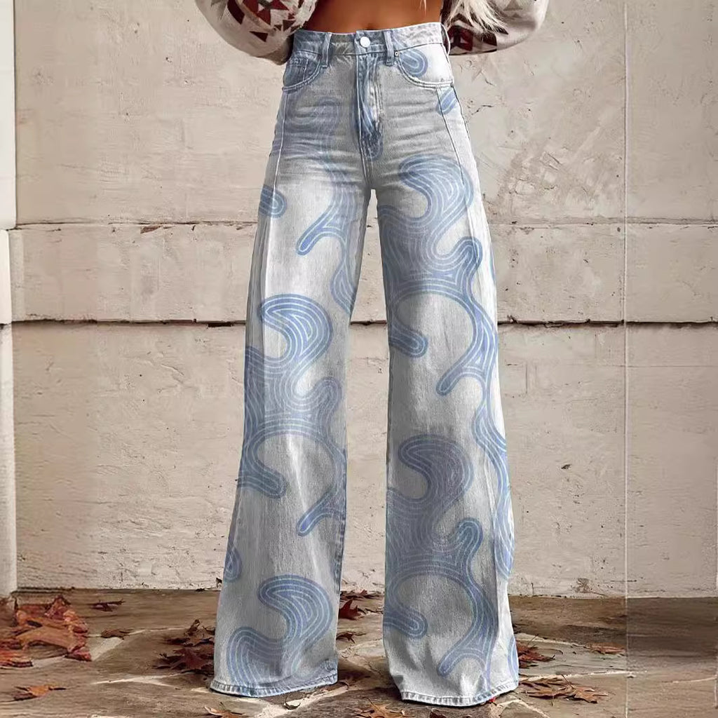 Women's 3D Printed Straight Casual Wide-leg Pants