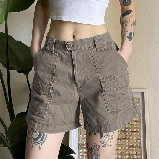 High-waisted Solid Color Multi-pocket Cargo Jean Shorts Female