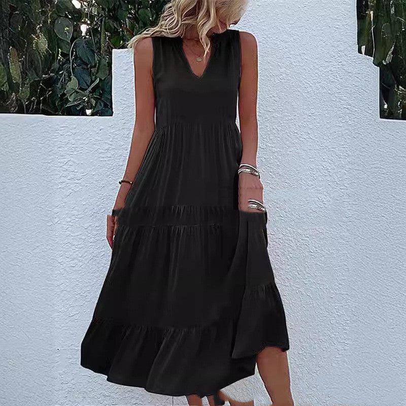 Loose Waist Sleeveless V-neck Swing Solid Color Length Dress