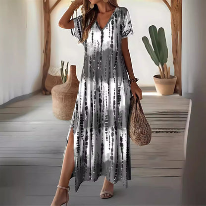 Summer Casual V-neck Short Sleeve Loose Tie-dye Printing Dress