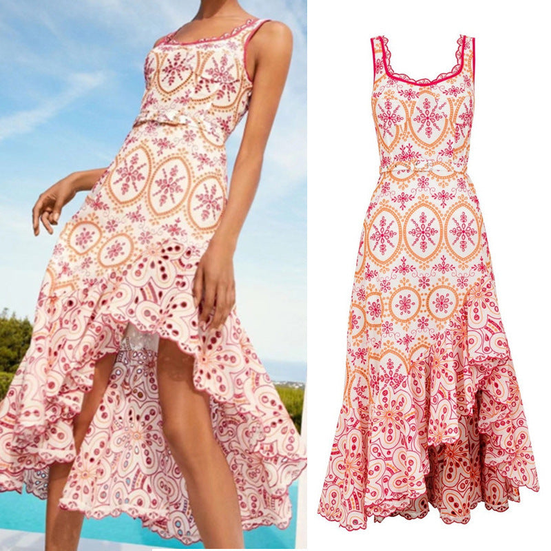 Seaside Vacation Style Irregular Embroidered Strap Dress