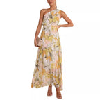 Summer Printed Oblique Shoulder Folding Elastic Waist Vacation Dress