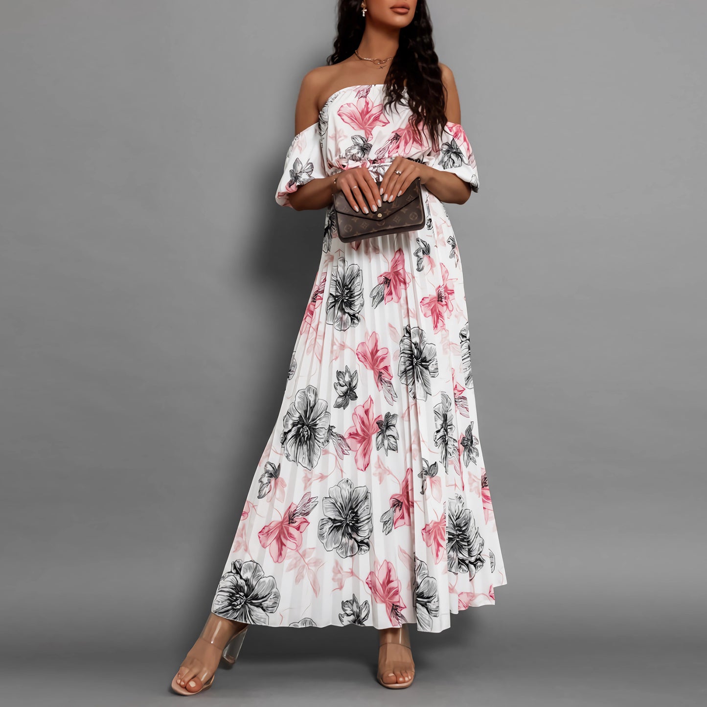 Women's Fashion Word Collar Pleated Printing Slip Shoulder Sleeve Printing Dress