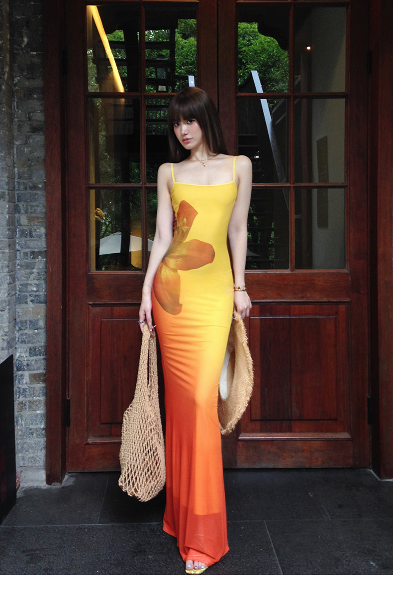 Three-dimensional Gradient Flower Fishtail Dress