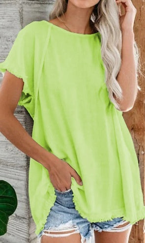 Loose Round Neck Lantern Sleeve Medium Length Short Sleeved Shirt