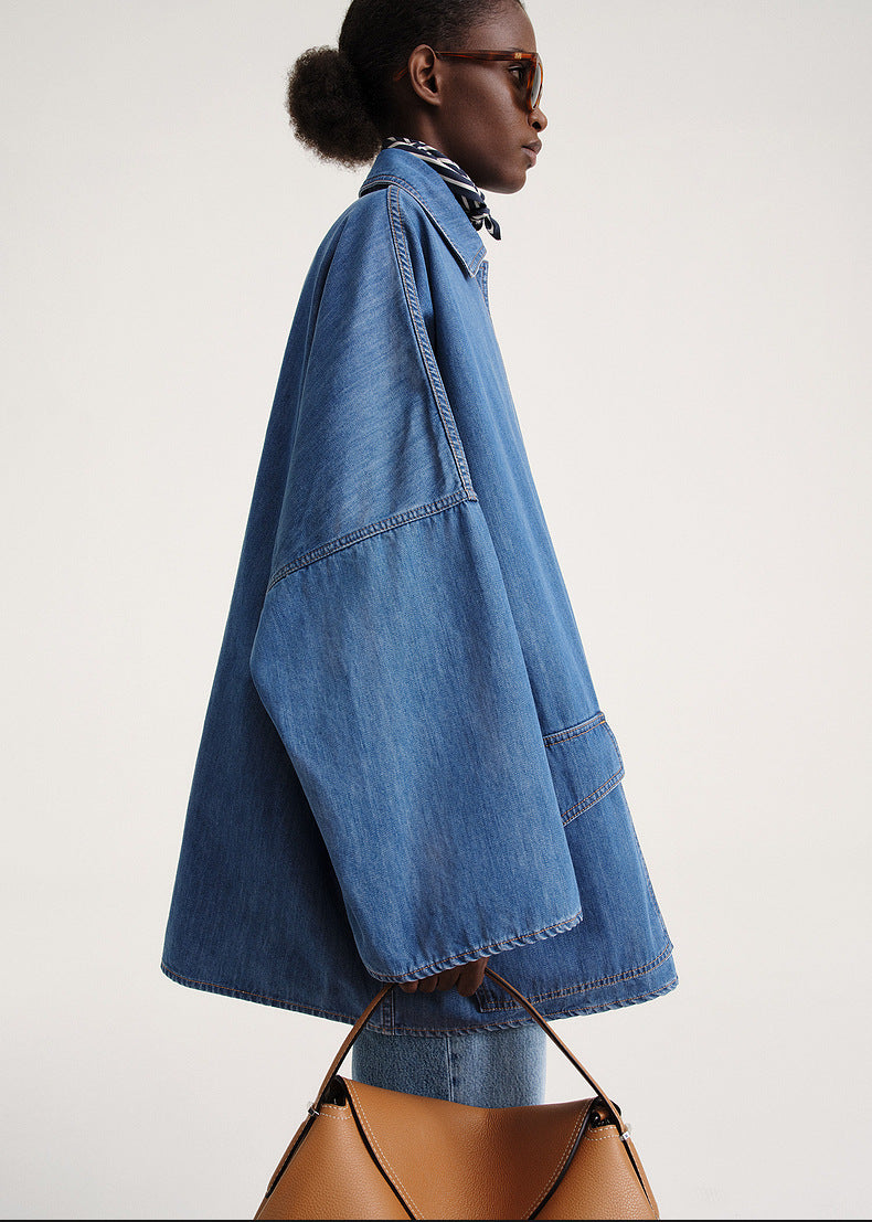 Cotton A- Line Style Drop-shoulder Mid-length Denim Coat