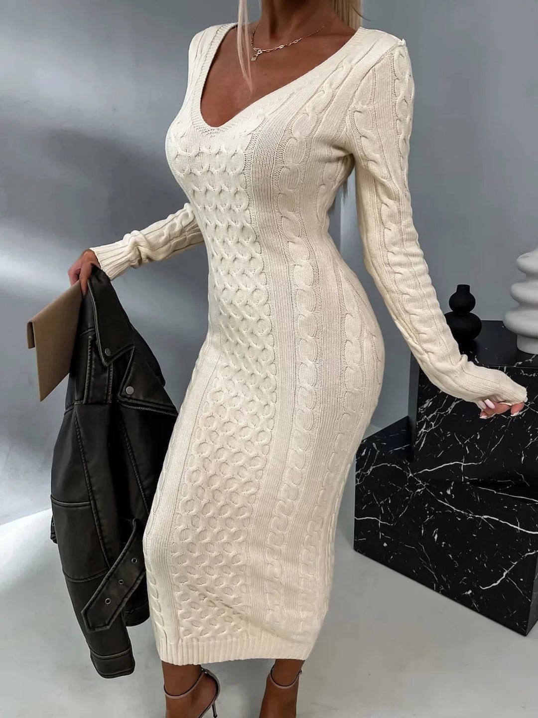 Casual V-neck Patchwork Lace Sweater Dress