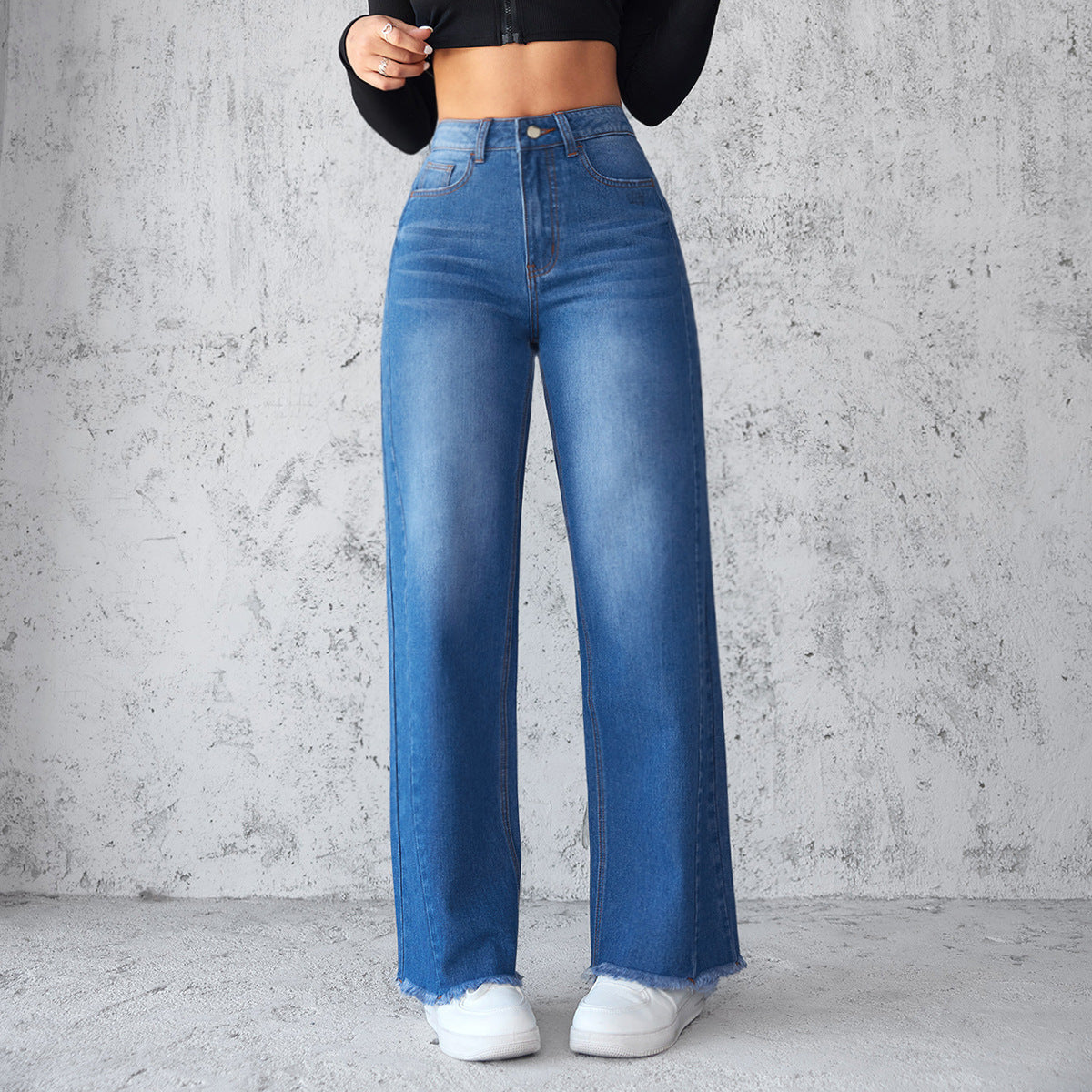 Fashion Straight Wide Leg Jeans Casual High Waist Non Elastic Women's