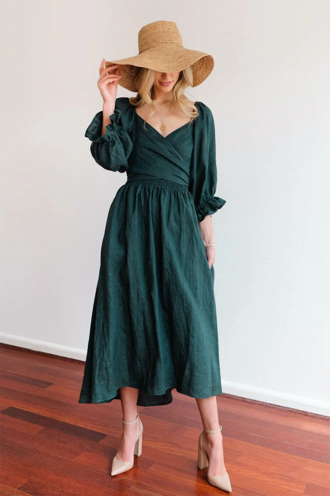 Women's Rope Belt Ruffled Lantern Sleeves Dress