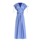V-neck Lace-up Pleating Design Flower Stitching High Waist Dress