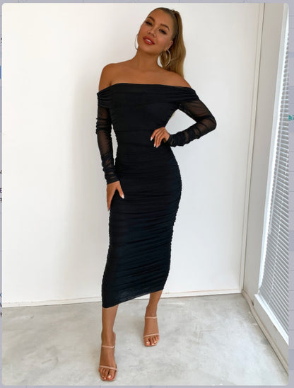 Solid Color Slim-fit Party Long Sleeve Off-shoulder Pleated Early Spring Dress