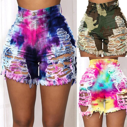 Tie-dye printed denim shorts