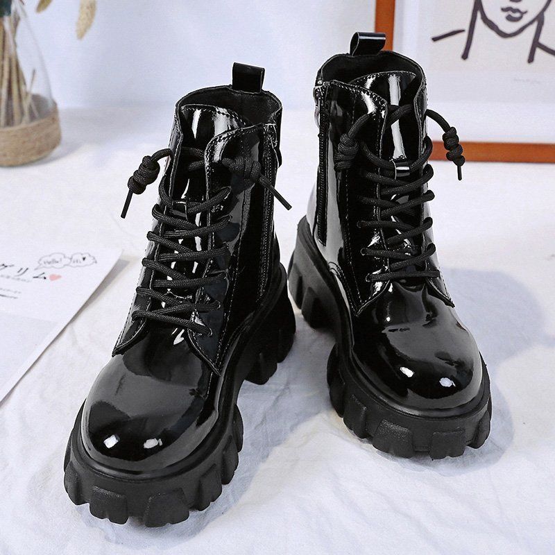 British Style Handsome Patent Leather Lace-up Motorcycle Boots