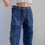 Washed dark multi - pocket design high waist straight leg jeans
