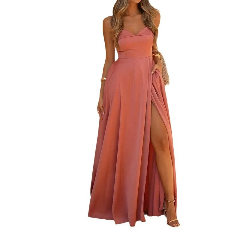 Sexy Shoulder Strap Slit Solid Color Dress