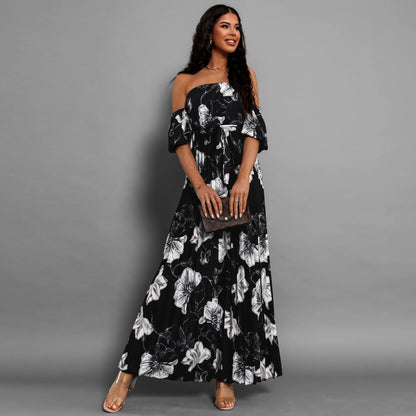 Women's Fashion Word Collar Pleated Printing Slip Shoulder Sleeve Printing Dress