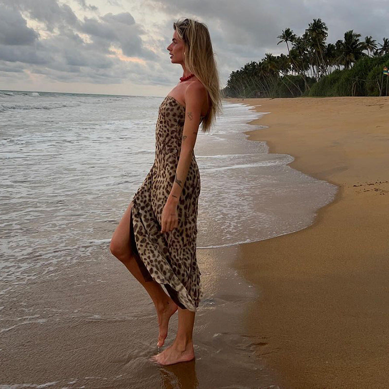 Leopard Print Tube Top Off-neck Side Split Dress