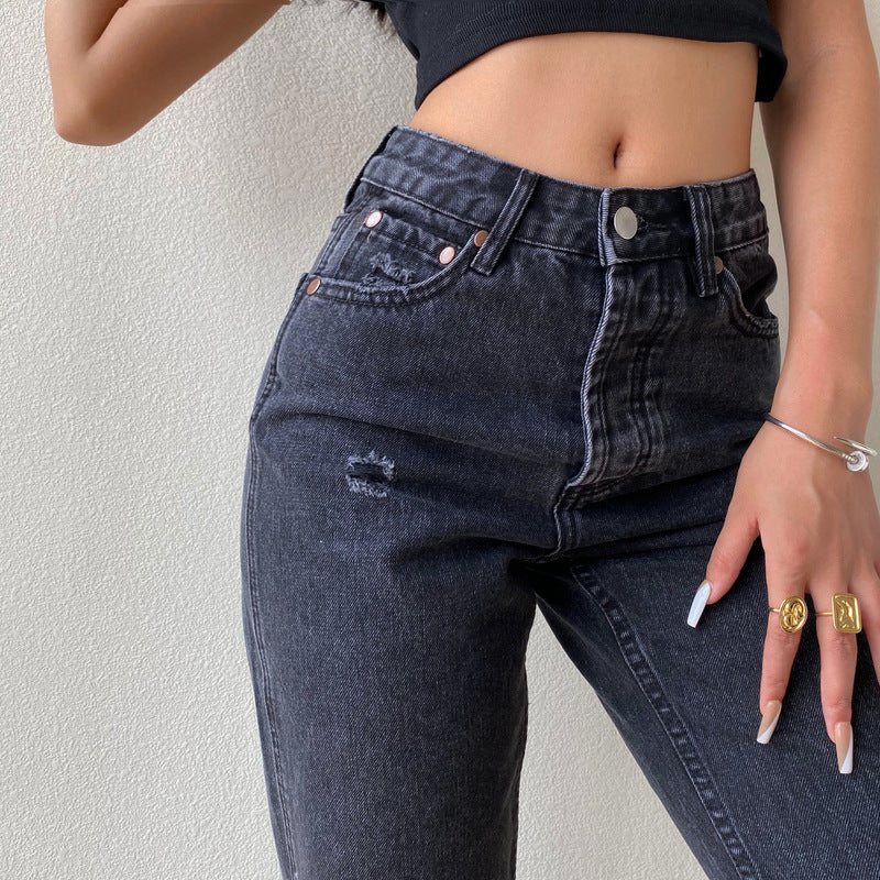 High Waist And Thin Straight Tube Slim Hole Jeans Women's Trousers