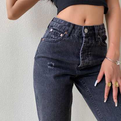 High Waist And Thin Straight Tube Slim Hole Jeans Women's Trousers