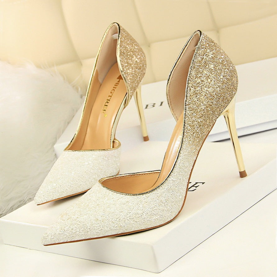 Gradient color block sequined high heels