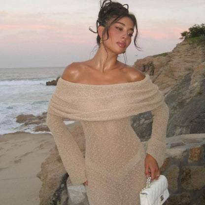 Beach Vacation Knitted Hollow-out Collar Long Dress