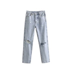 High Waist And Thin Straight Tube Slim Hole Jeans Women's Trousers