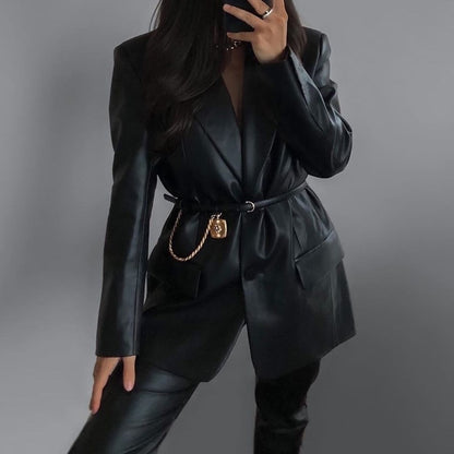 Solid color suit collar fake pocket women's leather jacket