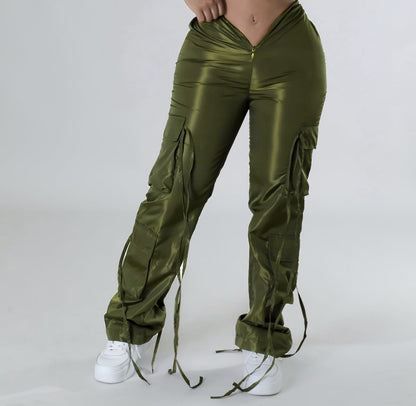 Women's Zipper Closure Strap Solid Color Green Casual Trousers