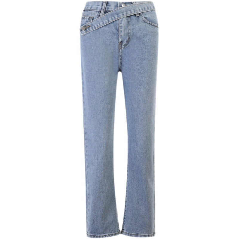 Irregular Belt High Waist Straight Distressed Light-colored Jeans