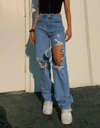 Ripped High Waist Washed Distressed Jeans